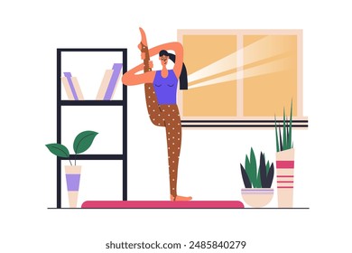 Yoga practice web concept with people scene in flat design. Flexibility woman standing in training position and improves body health at home. Vector illustration with character situation for web