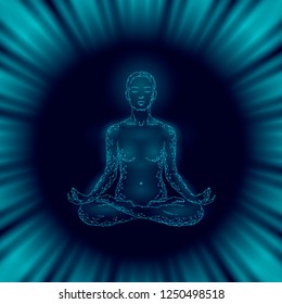 Yoga practice woman in lotus position low poly silhouette. Polygonal yoga relaxation exercise wellness class.Dark blue night space trance. Buddhism esoteric Kundalini energy vector illustration art