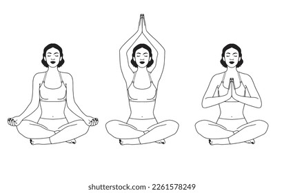 Yoga Practices Vector Outline Illustration of a young woman partitioning yoga in three different poses