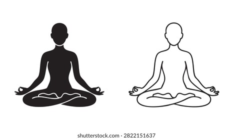 yoga practitioner black silhouette and outline art vector icon design