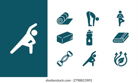 Yoga Practitioner in a Standing Pose Beside Wellness Icons (Mat, Bottle, Towel, Book)