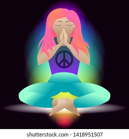 Yoga. Prayer. Pacific symbol of peace. Woman in Meditation lotus position, vector flat illustration. Relaxation cartoon girl sitting with legs crossed and arms folded, eyes closed. Namaste.