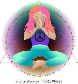Yoga. Prayer. Pacific symbol of peace. Woman in Meditation lotus position, vector flat illustration. Relaxation cartoon girl sitting with legs crossed and arms folded, eyes closed. Namaste.