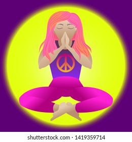 Yoga. Prayer. Pacific symbol of peace. Woman in Meditation lotus position, vector flat illustration. Relaxation cartoon girl sitting with legs crossed and arms folded, eyes closed. Namaste.