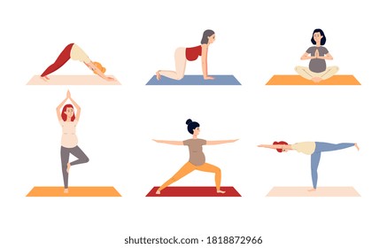 Yoga for pregnancy. A set of characters of pregnant women mothers who doing fitness exercises. Healthy lifestyle. Flat cartoon vector illustrations isolated on a white background.