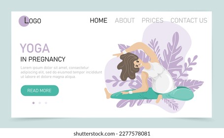 Yoga in pregnancy. Web landing page or website template for yoga studio or online class. Wellness and healthy lifestyle in pregnant. Woman expecting a baby doing yoga exercises. Vector illustration