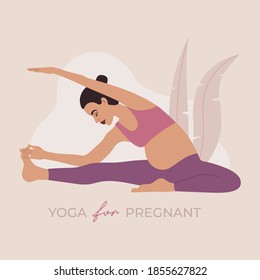Yoga for pregnant, active young girl performing physical exercise and asana position. A healthy woman relaxes and meditates, hand drawn illustration in modern flat cartoon style, pink colors isolated