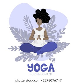 Yoga for pregnant. African american pregnant woman doing yoga, having healthy lifestyle and relaxation. Happy and healthy pregnancy concept. Vector illustration with nature background