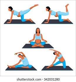 Yoga for pregnant, exercises. Set of vector illustrations on white background.