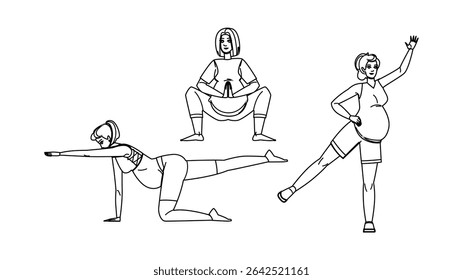 yoga pregnant fitness exercises vector. pilates stretching, cardio strength, flexibility breathing yoga pregnant fitness exercises character. people black line pencil drawing illustration
