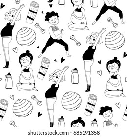 Yoga for pregnant. Hand drawn doodle elements. Graphic vector seamless pattern