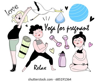 Yoga for pregnant. Hand drawn doodle elements. Colored graphic vector set. All objects are isolated