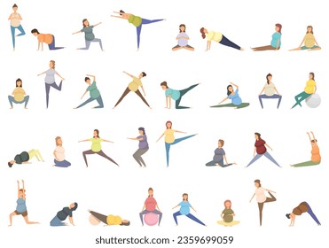 Yoga for pregnant icons set cartoon vector. Workout prenatal. Activity fitness