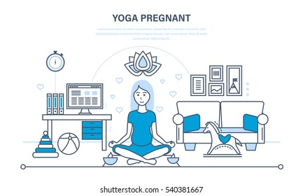 Yoga pregnant, interior room. A pregnant woman in a lotus position rests, restores strength in its cozy, homely environment. Illustration thin line design of vector doodles, infographics elements.