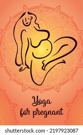 Yoga For Pregnant Poster Concept. Woman In Lotus Position Against Mandala Background. Outline Style Color Illustration Vector. Yoga Studio Or Online Class Poster Template.