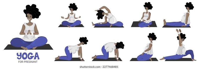 Yoga for pregnant. Pretty african american pregnant woman doing yoga, having healthy lifestyle and relaxation, exercises for pregnant woman. Happy and healthy pregnancy concept. Vector illustration