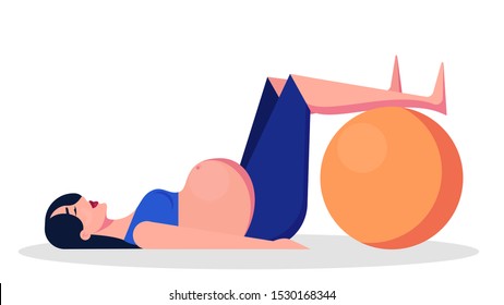 Yoga for pregnant woman concept. Fitness and sport during pregnancy. Healthy lifestyle and relaxation. Girl with a fitness ball. Isolated vector illustration in cartoon style