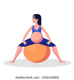 Yoga for pregnant woman concept. Fitness and sport during pregnancy. Healthy lifestyle and relaxation. Girl with a fitness ball. Isolated vector illustration in cartoon style