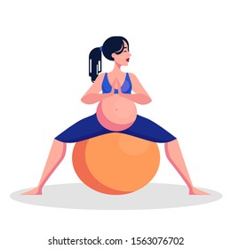 Yoga for pregnant woman concept. Fitness and sport during pregnancy. Healthy lifestyle and relaxation. Girl with a fitness ball. Isolated vector illustration in cartoon style