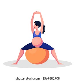 Yoga for pregnant woman concept. Fitness and sport during pregnancy. Healthy lifestyle and relaxation. Girl with a fitness ball. Isolated vector illustration in cartoon style