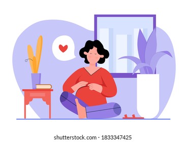 Yoga for pregnant woman flat vector illustration. Cartoon happy female character relaxing at home interior, meditating in lotus yogi asana, practicing pregnancy healthy lifestsyle isolated on white