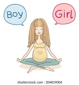 Yoga pregnant woman in lotus position wondering about the gender of her future baby. Vector illustration