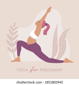 Yoga for pregnant woman, young girl performing physical exercises and asana positions, healthy pregnancy zen meditation, hand drawn illustration in modern flat cartoon style in pink colors, isolated