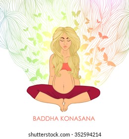 Yoga for pregnant women. (blonde woman butterfly pose) nature. The image can be used for your business as an advertisement in yoga studios, shaping, health centers, fitness