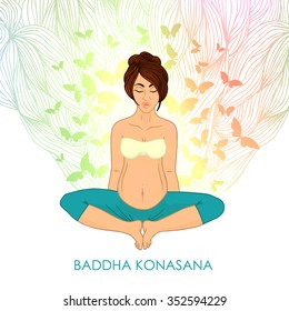 Yoga for pregnant women. (brunette woman butterfly pose) nature. The image can be used for your business as an advertisement in yoga studios, shaping, health centers, fitness