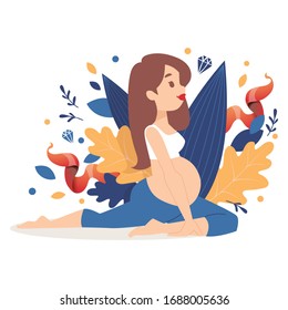 Yoga for pregnant women, female character stretch, late gestation period, isolated on white, flat vector illustration. Healthy sport for girl, children, concept banner mother wholesome.