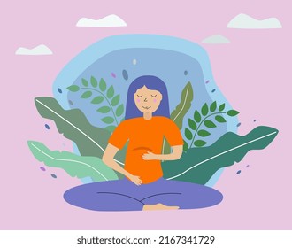 Yoga for pregnant women, self-love and enjoyment of pregnancy, relaxation and peace. Vector illustration of a young pregnant woman sitting in the lotus position.