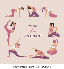 Yoga for pregnant women set, active pregnancy, healthcare collection of young girls performing physical exercises, modern hand drawn illustration in flat cartoon style, isolated on light background. 