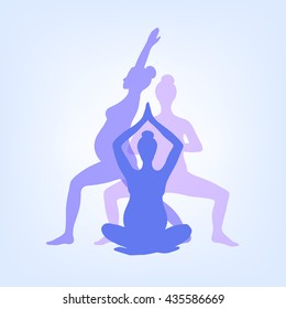 Yoga for pregnant women. Set of yoga poses for pregnant women. Asanas for pregnant women. Color vector silhouettes of pregnant women practicing yoga. Logo for the banner, advertising, poster. 