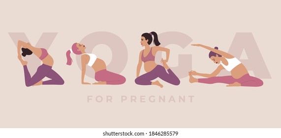 Yoga for pregnant women, set of young girl performing physical exercises and various positions, active healthy pregnancy, hand drawn illustration in modern flat cartoon style in pink colors, isolated