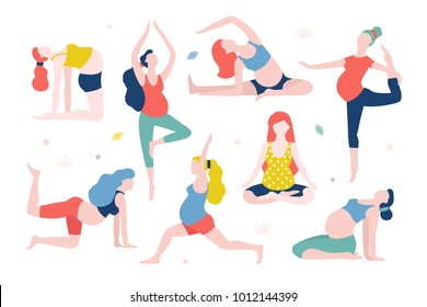 Yoga for pregnant women vector flat illustration isolated on white background. Healthy women with belly doing yoga in different poses.