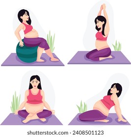 Yoga for pregnant women vector flat illustration isolated on background. Healthy women with belly doing yoga in different poses.