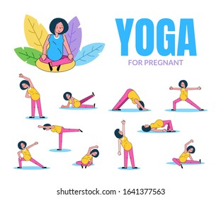 Yoga for pregnant women vector illustration. Girl doing yoga set collection isolated. Asana lotus position, tilts, stretching. Healthy activity for pregnant gymnastics, pilates, fitness.