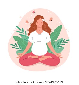 Yoga para mujeres embarazadas. Ilustración vectorial de una joven embarazada de dibujos animados con camiseta blanca sentada en posición de loto rodeada de hojas de planta