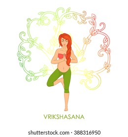 Yoga for pregnant women - Vrikshasana (red-haired woman). The image can be used for your business, as advertising in yoga studios, shaping, fitness centers, fitness