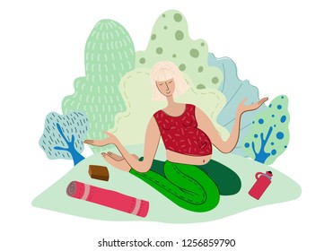 Yoga for pregnant women, young girl in the park practices yoga asanas, healthy lifestyle, vector illustration in flat style with hand drawing.