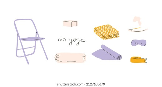 Yoga props hand drawn style illustration. Yoga stuff: chair, blocks, bolster, blanket, yoga mat, incense stick, eye pillow, strap.