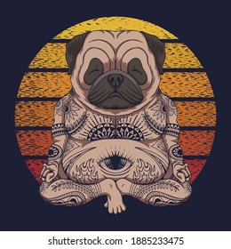 Yoga Pug dog sunset retro vector illustration for your company or brand