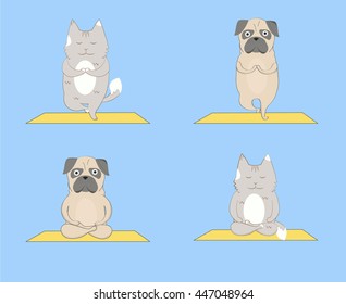 Yoga pugs and cats set. Cute pugs and cats doing yoga. Cartoon funny animals