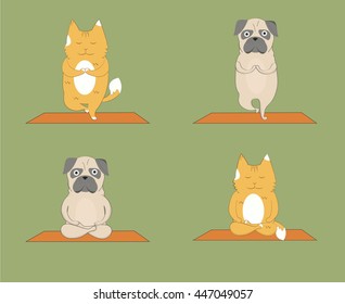 Yoga pugs and cats set. Cute pugs and cats doing yoga. Cartoon funny animals