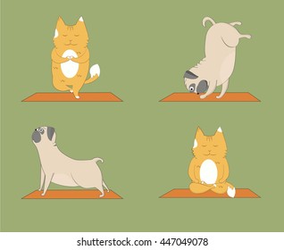 Yoga pugs and cats set. Cute pugs and cats doing yoga. Cartoon funny animals