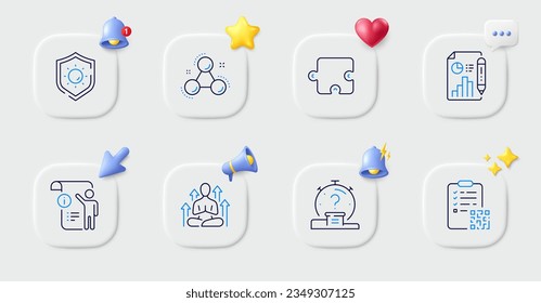 Yoga, Quiz and Manual doc line icons. Buttons with 3d bell, chat speech, cursor. Pack of Report document, Chemistry molecule, Qr code icon. Sun protection, Puzzle pictogram. Vector