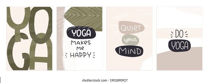 Yoga quotes set with abstract botanical shapes, leaves, balancing stones and lettering. Quiet your mind, yoga makes me happy hand written typography.