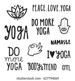 Yoga quotes. Set of hand drawn lettering. Vector isolated on white illustration