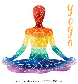 Yoga rainbow Silhouette, relaxation and meditation. Watercolor Silhouette, vector illustration