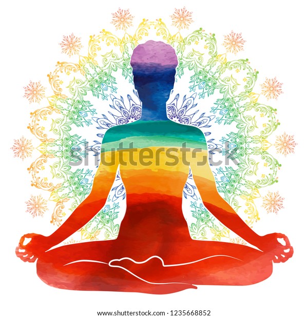 ヨガの虹の水彩シルエット リラックス 瞑想 水彩シルエット ベクターイラスト のベクター画像素材 ロイヤリティフリー